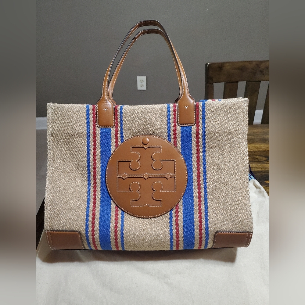 Tory Burch Ella Leather Trimmed Striped Tote.